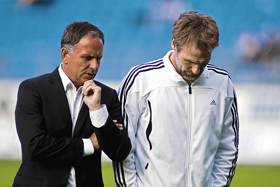 Tidligere Stabæk-trener Jan Jönsson (t.v) ønsket sterkt Veigar Páll Gunnarsson til Rosenborg sommeren 2011. Rosenborgs sportsdirektør Erik Hoftun gikk i forhandlinger med Stabæk om kjøp av islendingen.
